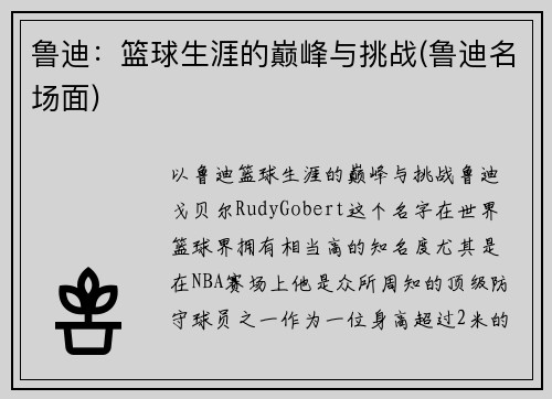 鲁迪：篮球生涯的巅峰与挑战(鲁迪名场面)